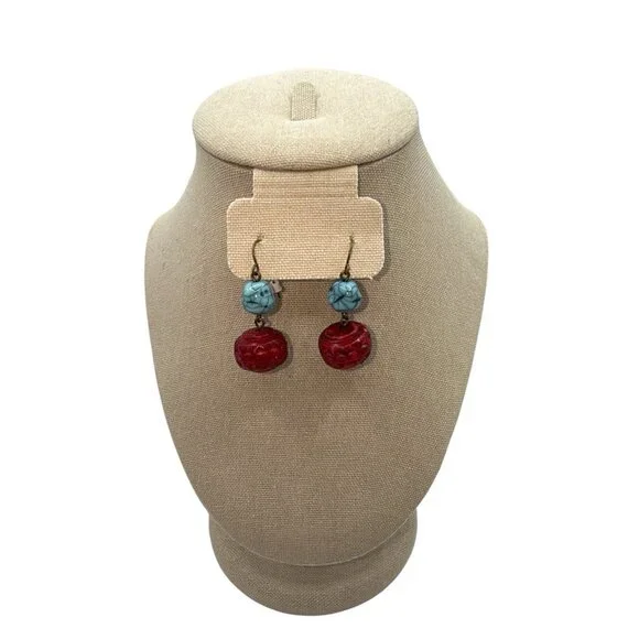 Vtg Turquoise Red Stone Wood Dangle Festival BOHO Southwestern Earrings - Picture 2 of 5